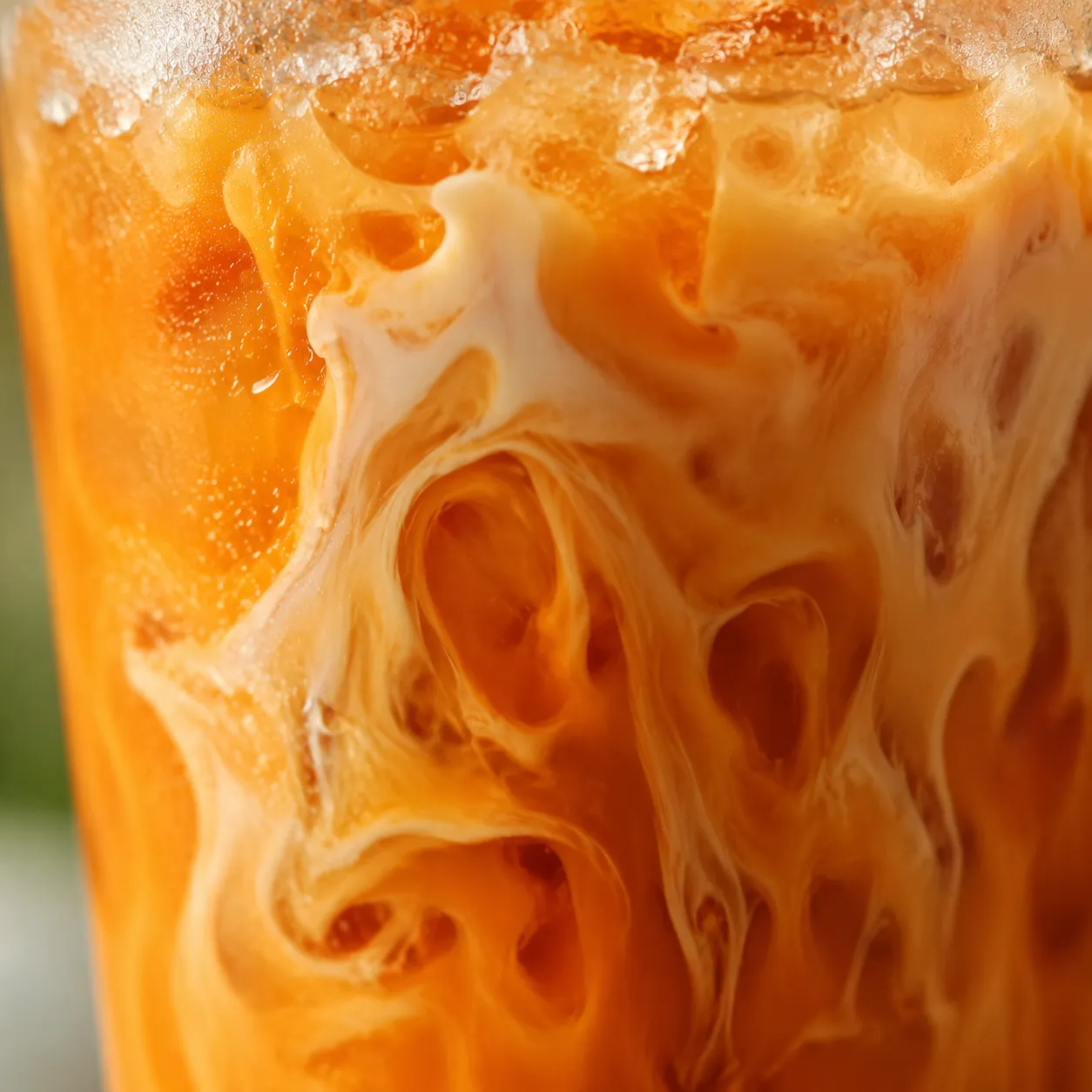 Macro close-up of cream marbling in homemade Thai iced tea