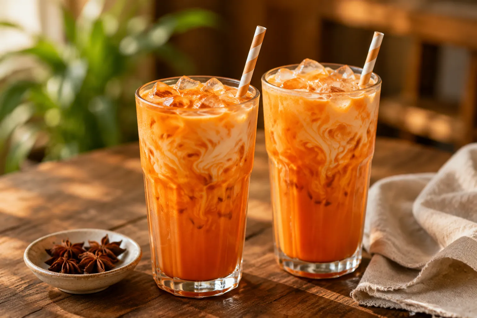 Two glasses of finished Thai iced tea with cream and paper straws