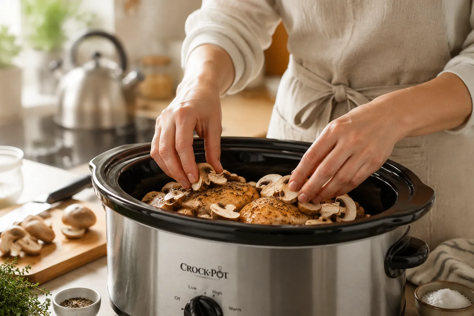 Layering chicken into the slow cooker for a healthy crockpot recipe