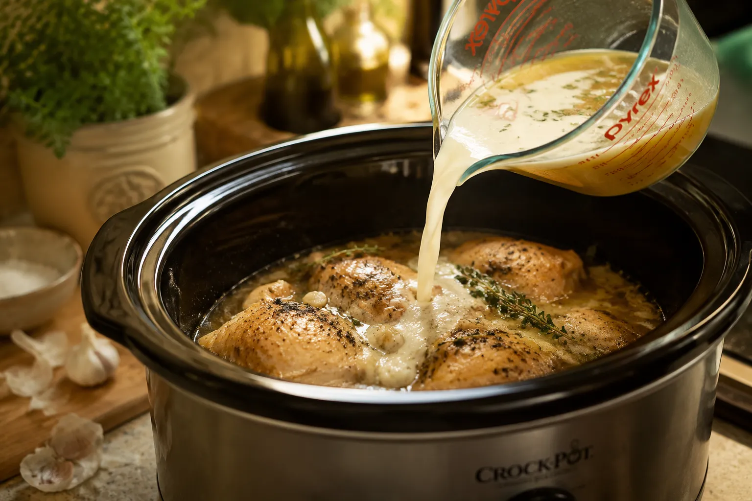 Pouring sauce into a low carb crockpot recipe in progress