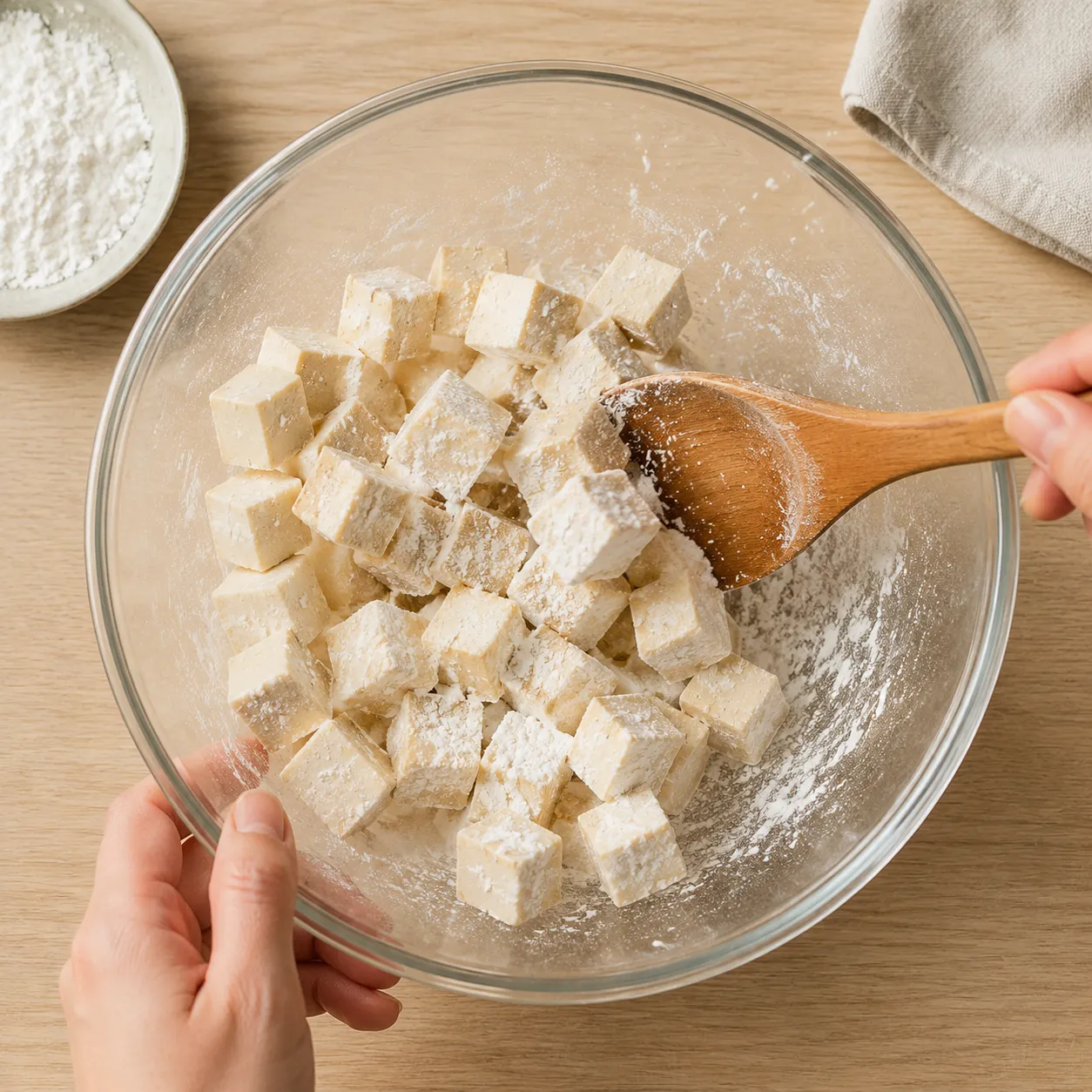 How to make tofu crispy by tossing cubed tofu with cornstarch coating