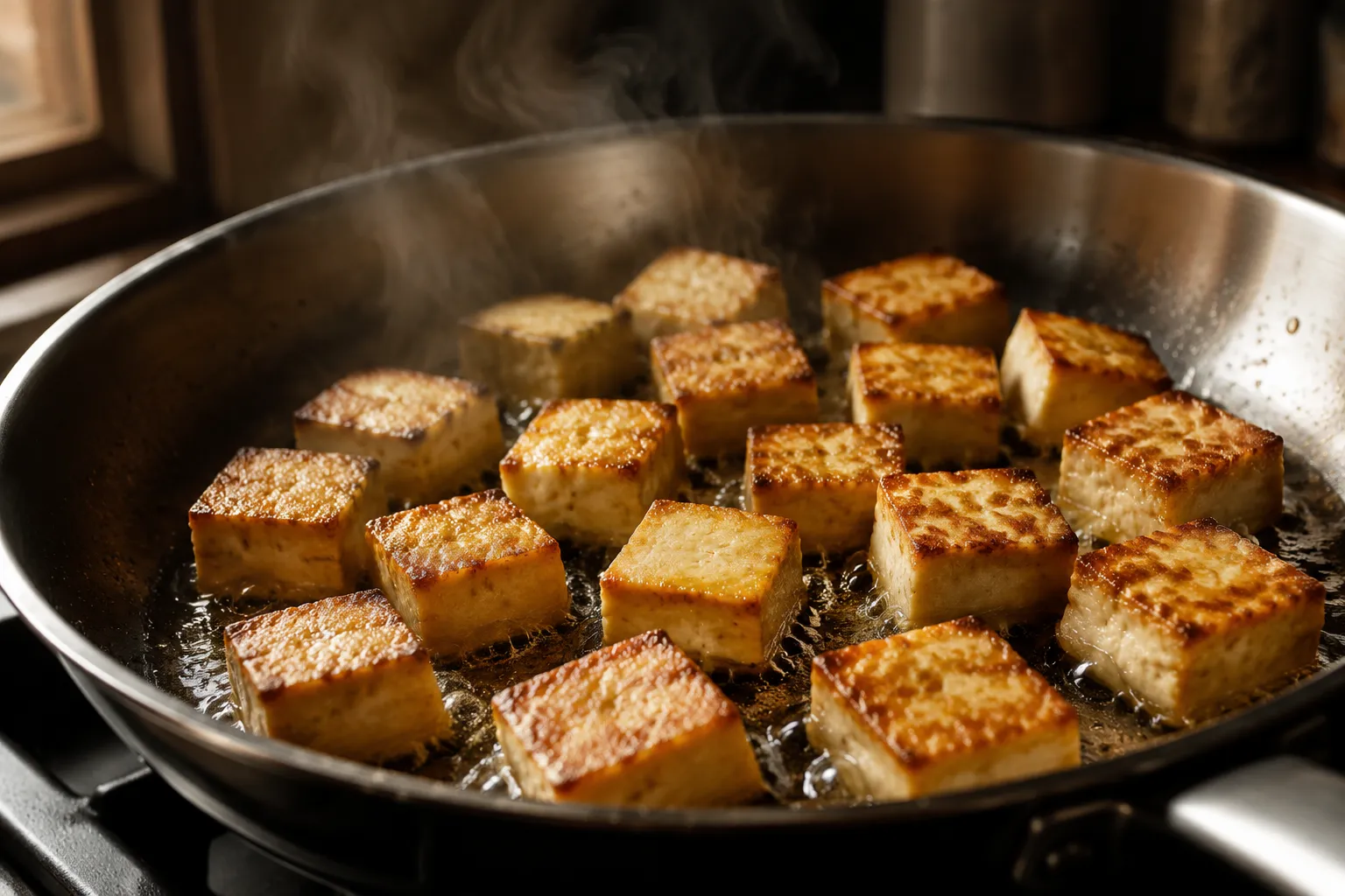 How to cook tofu in a pan with cubes sizzling to golden brown in a skillet