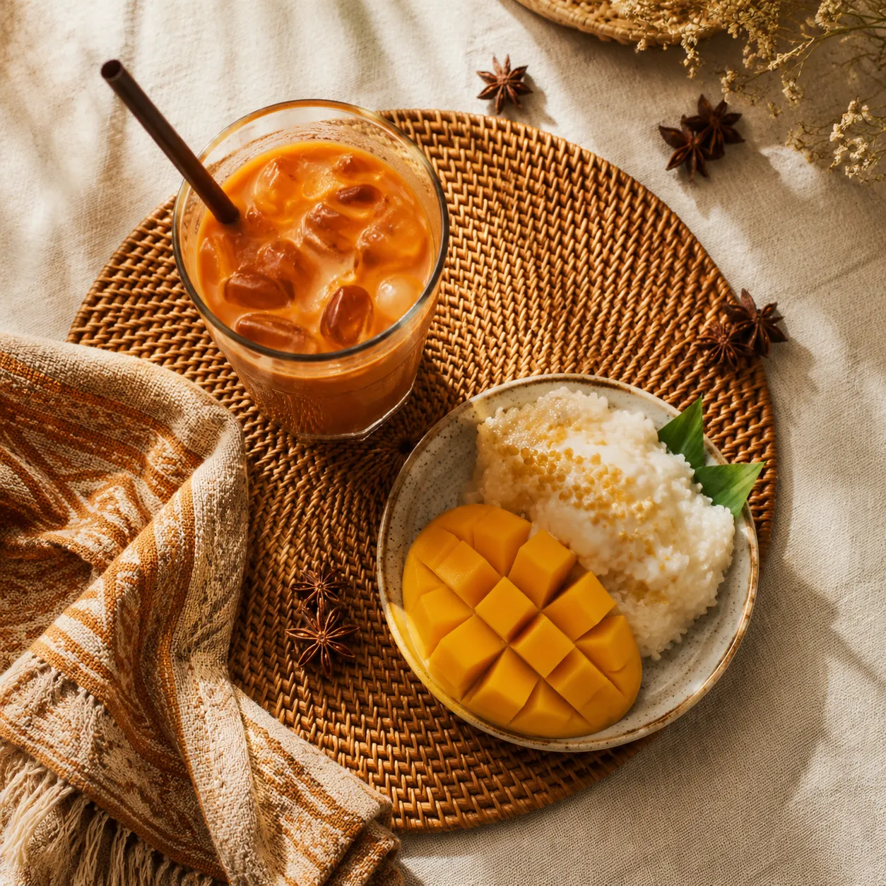 Thai iced tea served with mango sticky rice for a Thai-inspired meal