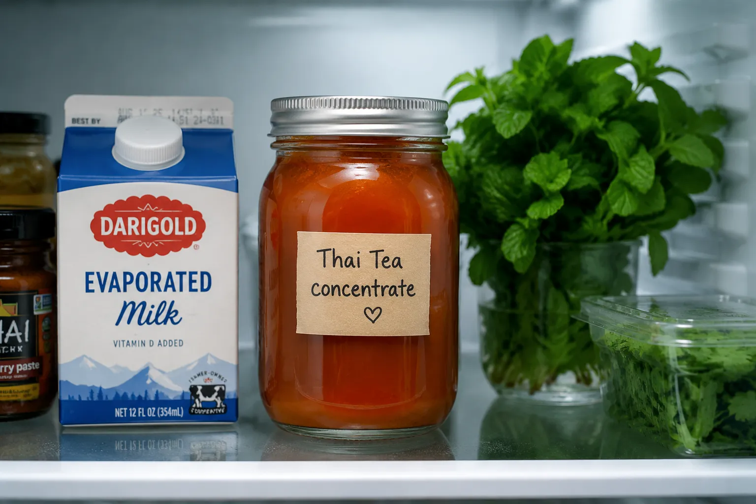 Mason jar of make-ahead Thai tea concentrate stored in the fridge