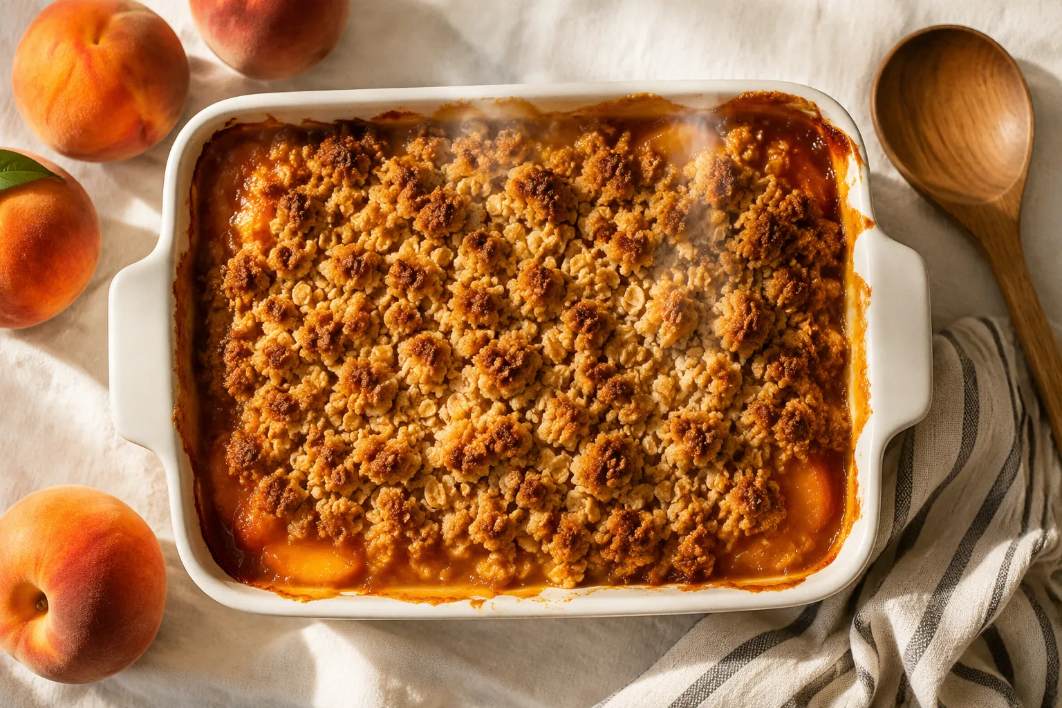 Baked peach crisp recipe with golden oat topping in white baking dish
