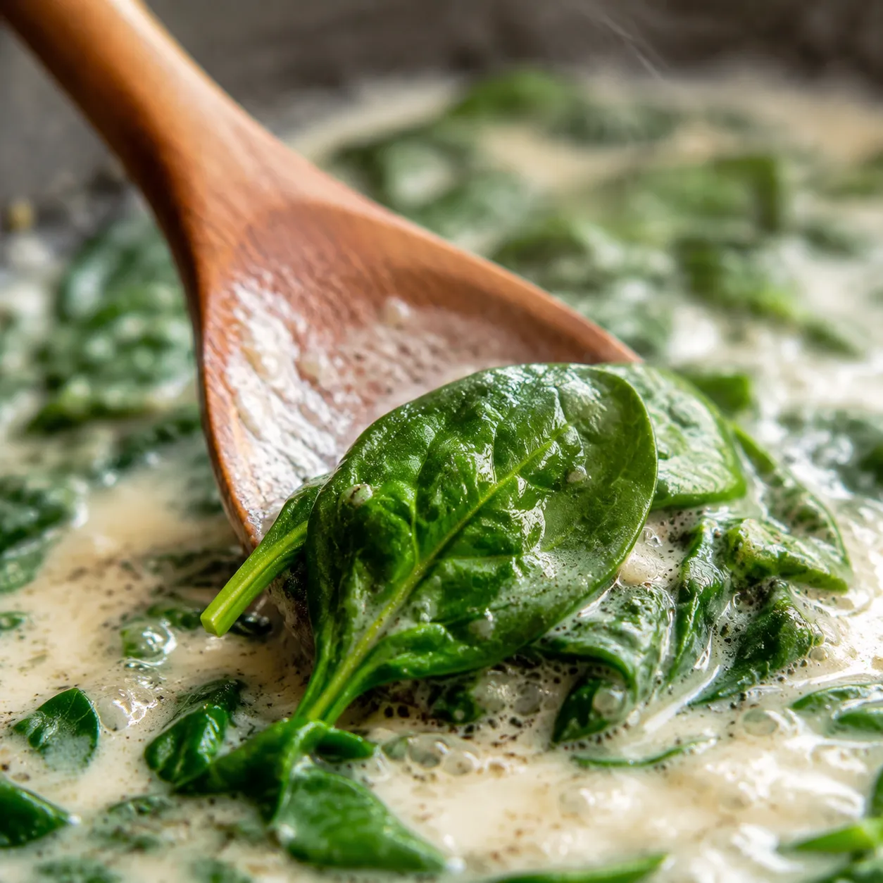 Stirring spinach into a keto crockpot recipe at the end of cooking