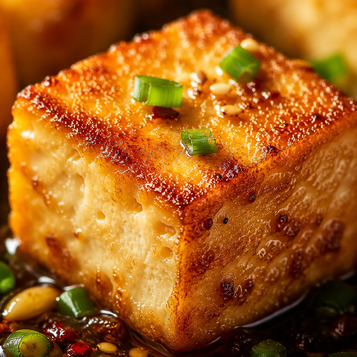 Close-up of crispy pan-fried tofu cube with golden crackly crust