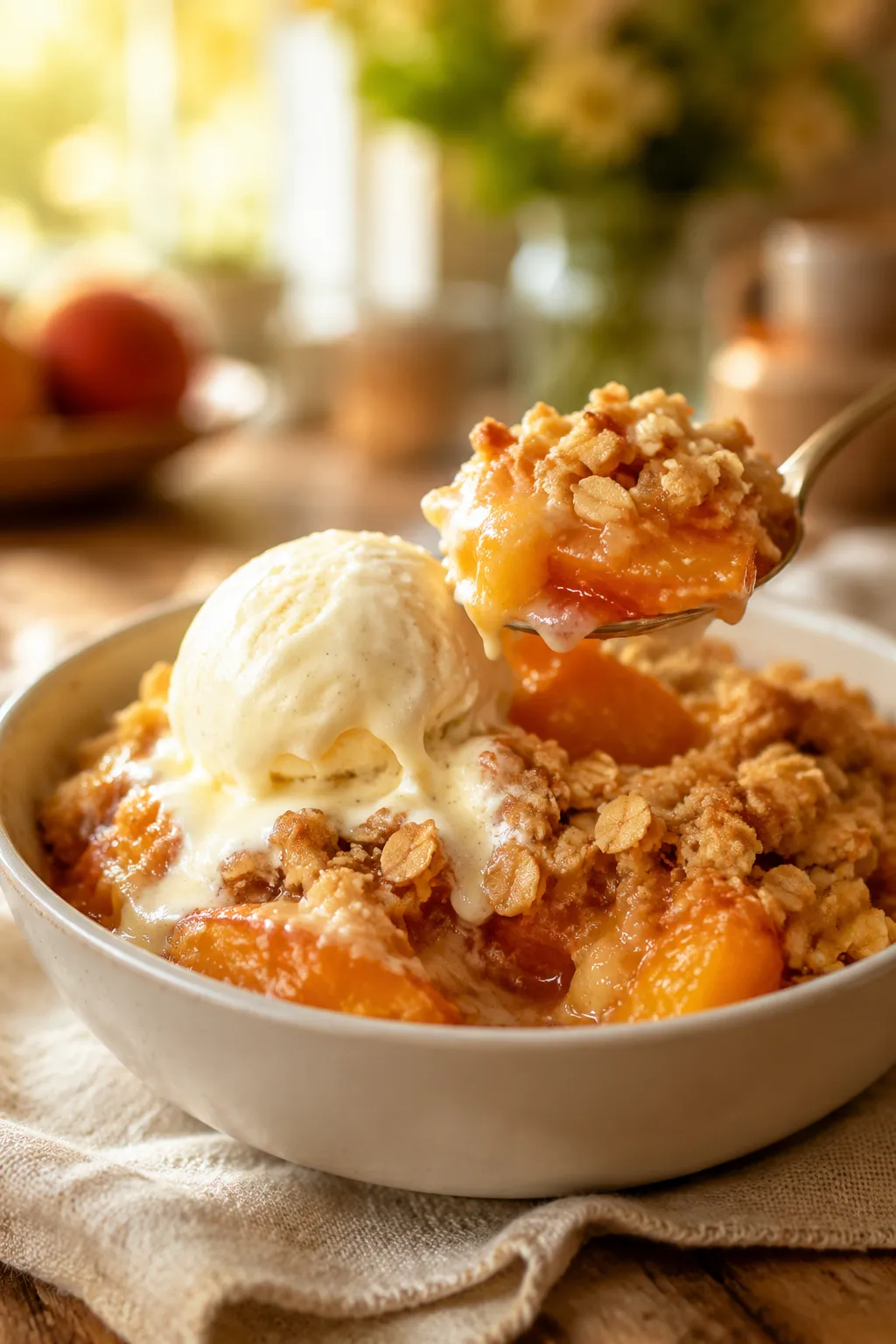 Peach crisp served with vanilla ice cream in a bowl