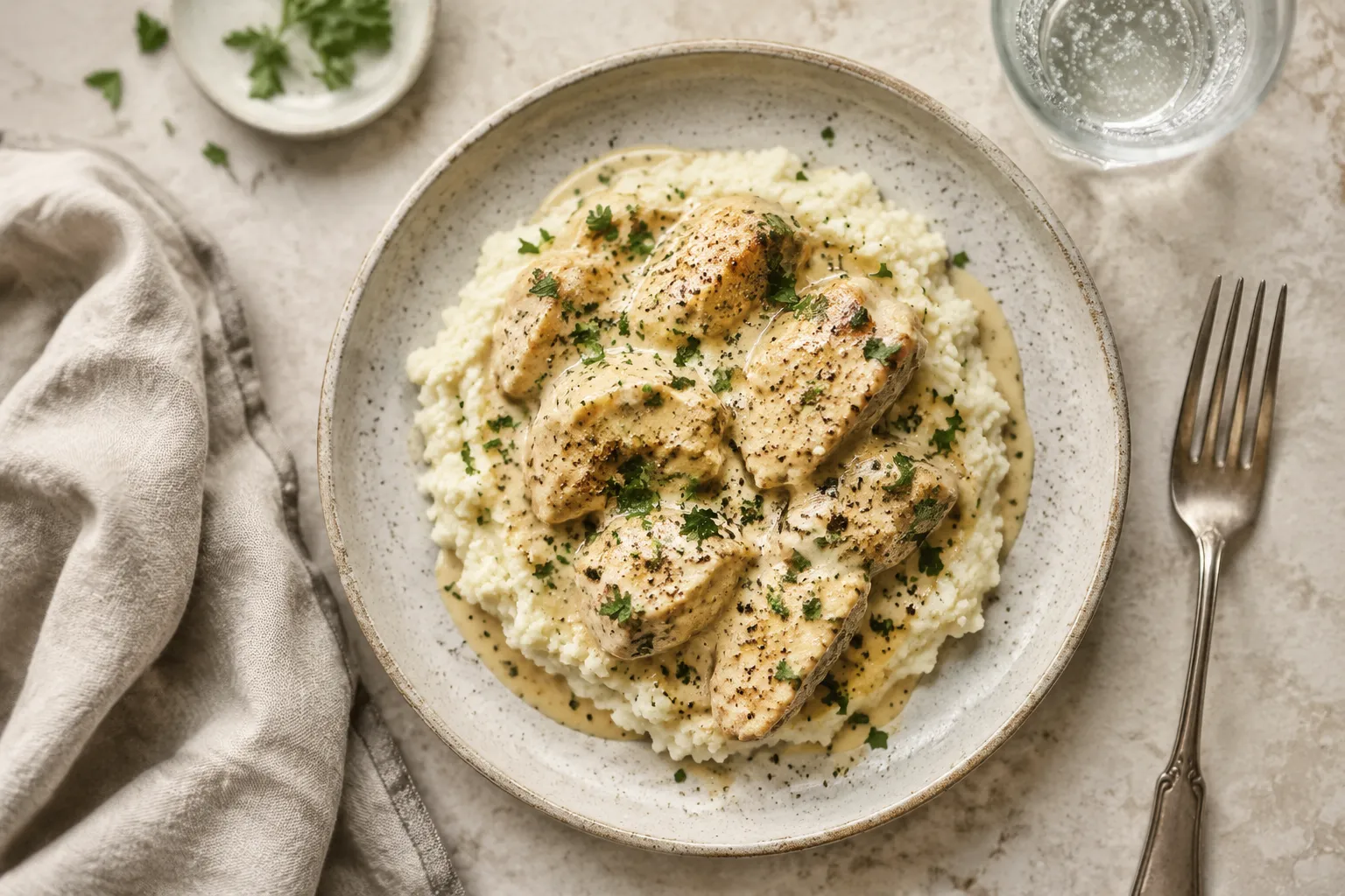 Plated healthy crockpot recipe with cauliflower mash