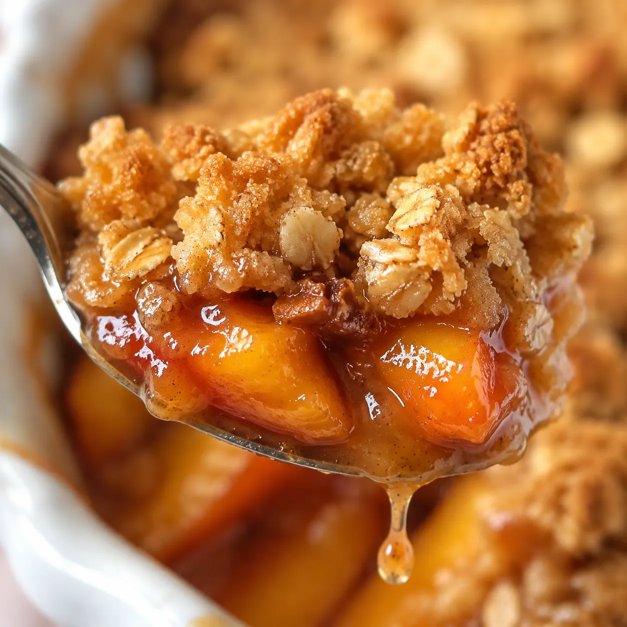 Close-up of peach crisp showing crispy oat topping and jammy peach filling
