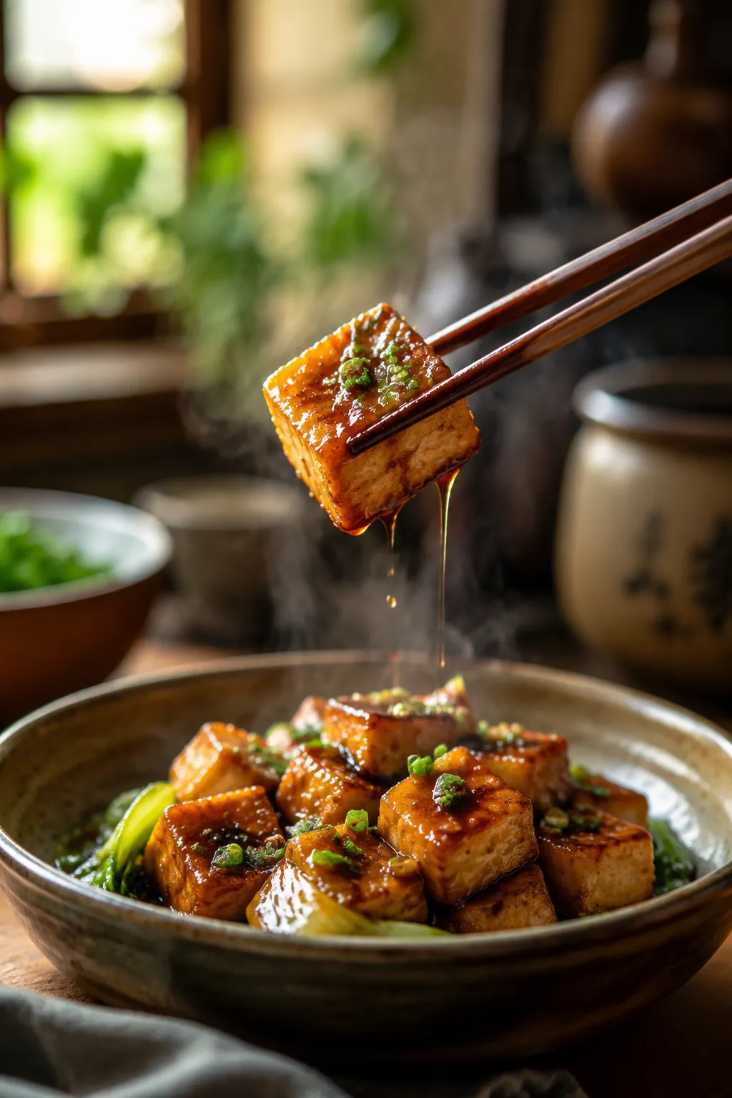 Chopsticks lifting a glazed crispy tofu cube from a serving bowl