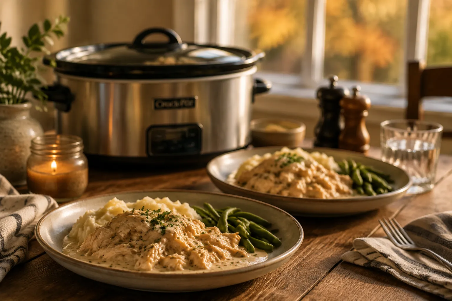 Serving healthy crockpot recipes family-style at the dinner table