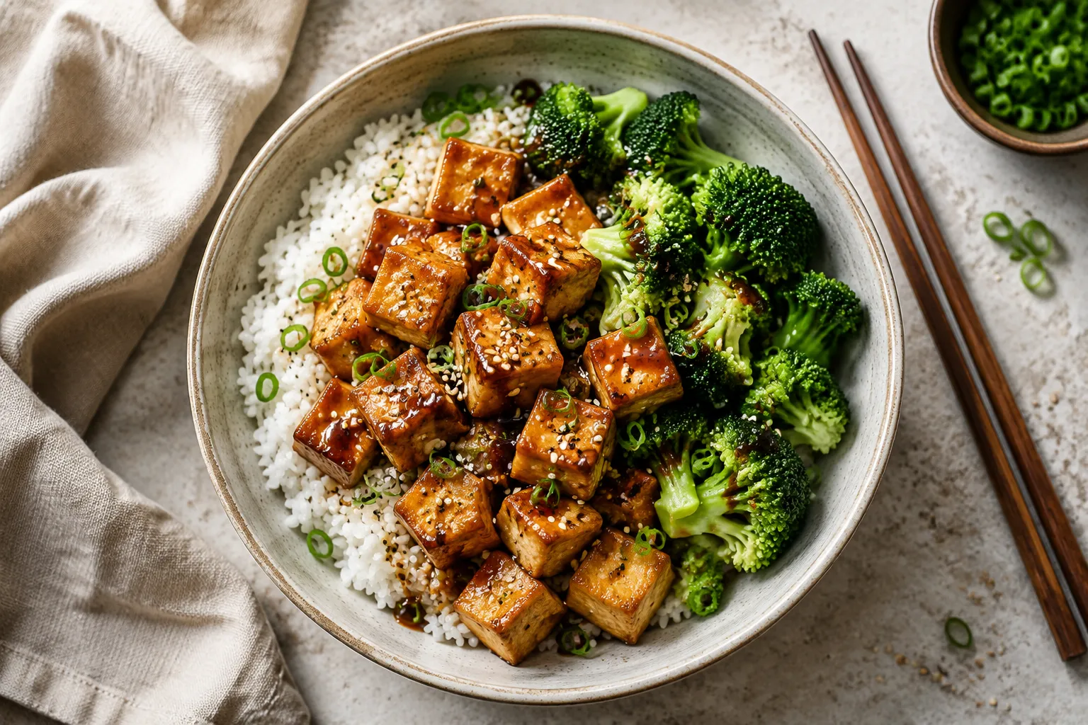 Crispy tofu recipe served over rice with broccoli and soy sesame sauce
