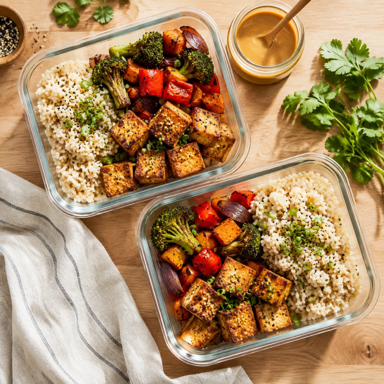 Cooked tofu meal prep containers with rice and vegetables for storage