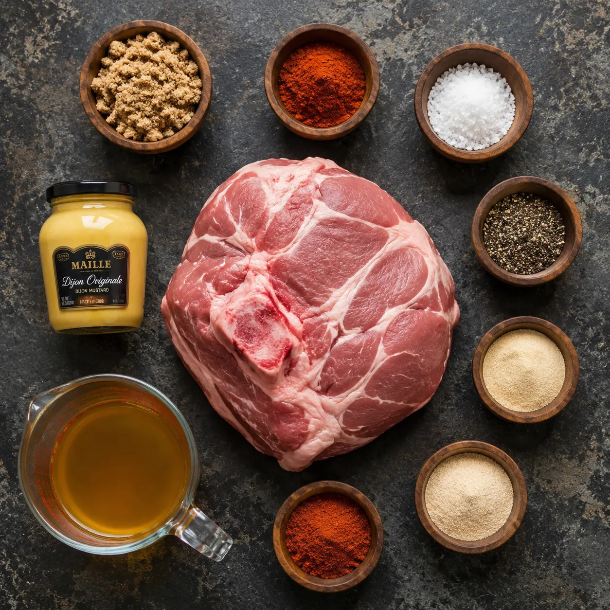 Smoked pork shoulder ingredients flatlay with dry rub spices and pork butt