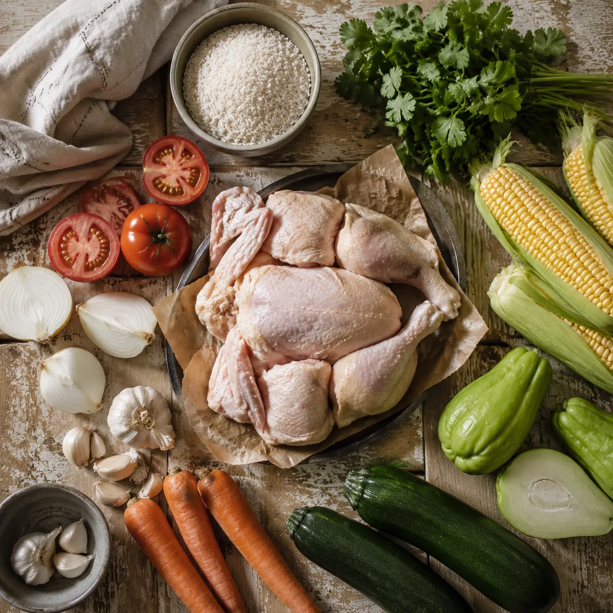Caldo de pollo ingredients flatlay with chicken, vegetables, and cilantro