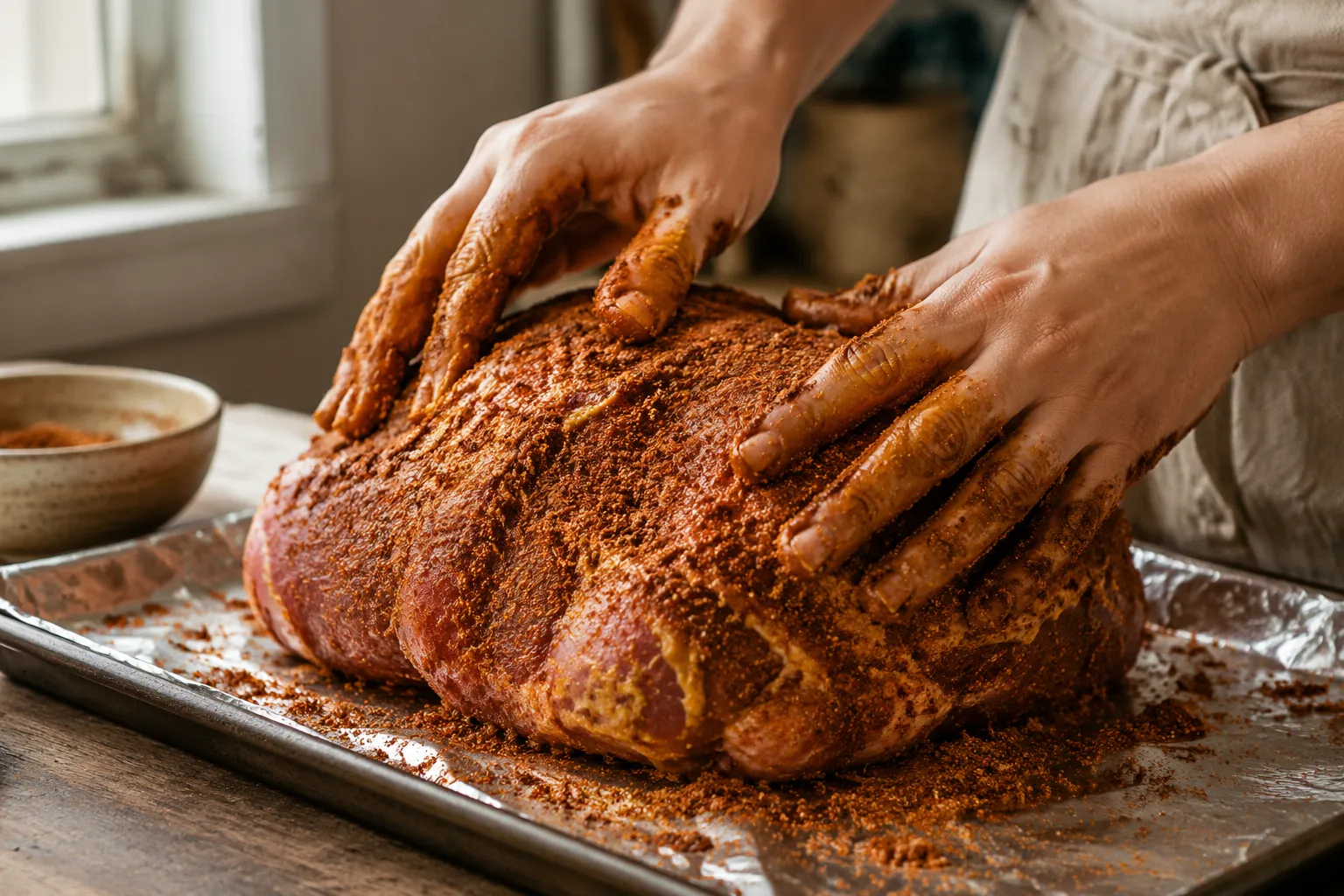 Applying dry rub to pork shoulder before smoking