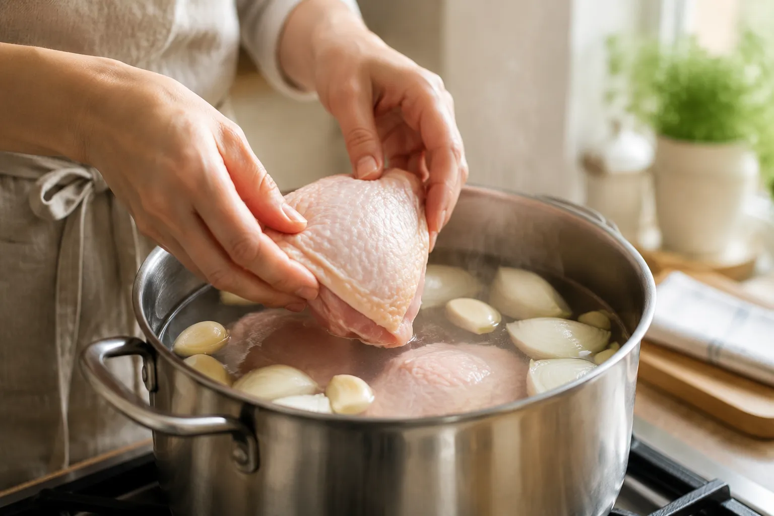 Adding bone-in chicken to stockpot for caldo de pollo broth