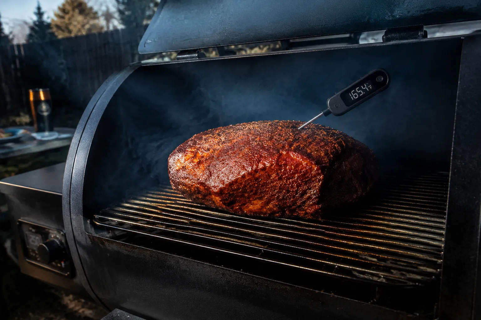 Pork shoulder smoking on grate with thin blue smoke at 225 degrees