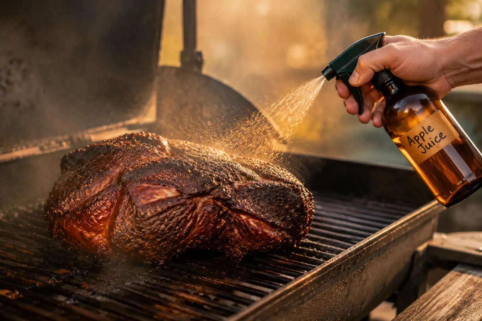 Spritzing smoked pork shoulder with apple juice during the cook