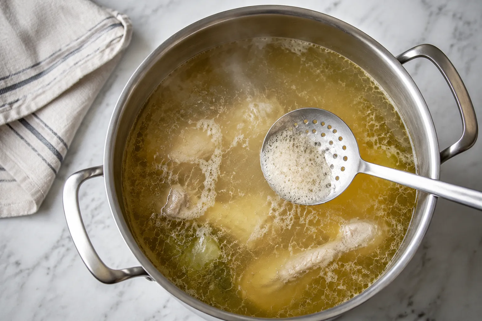 Skimming foam from caldo de pollo chicken broth for a clear soup