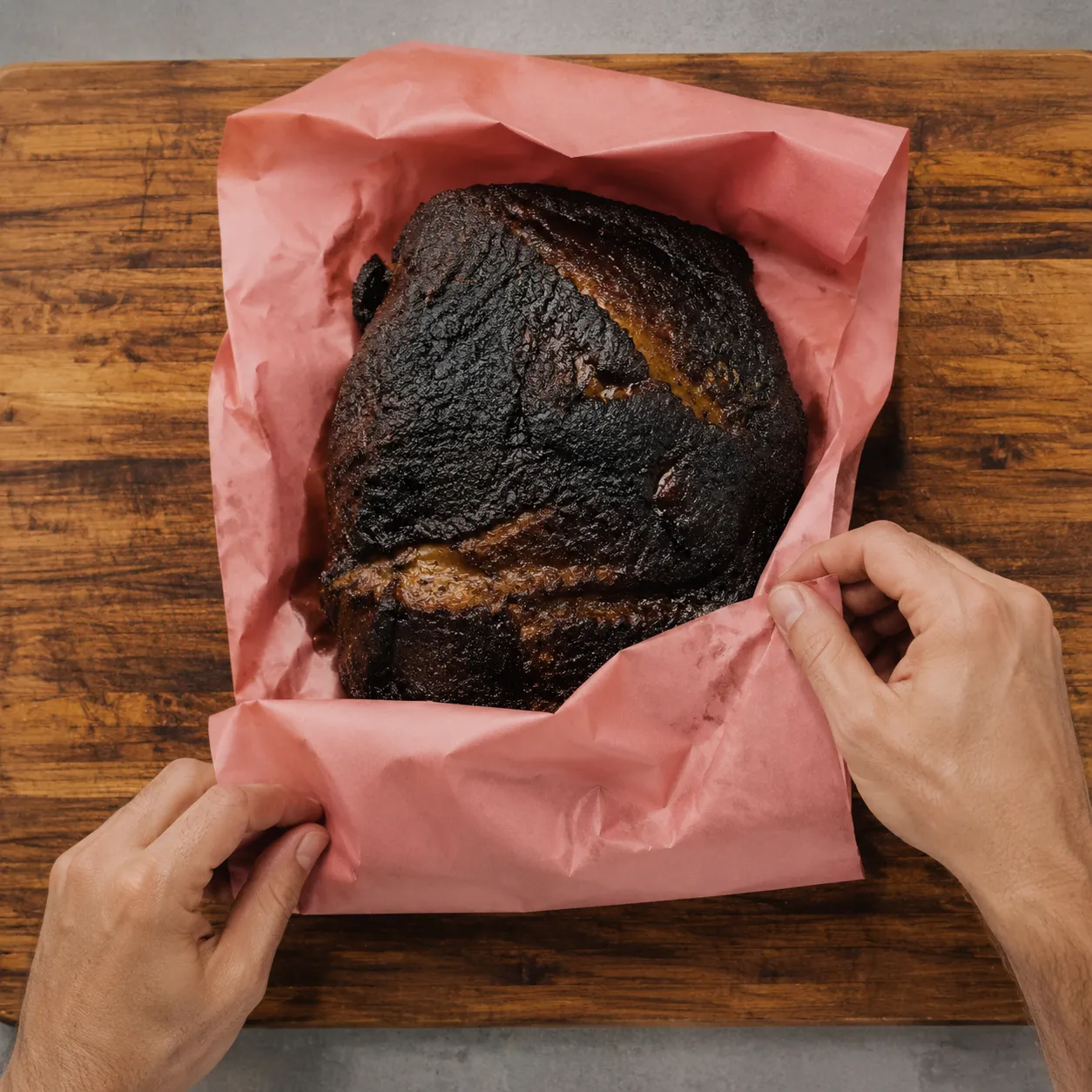 Wrapping smoked pork shoulder in pink butcher paper to push through the stall