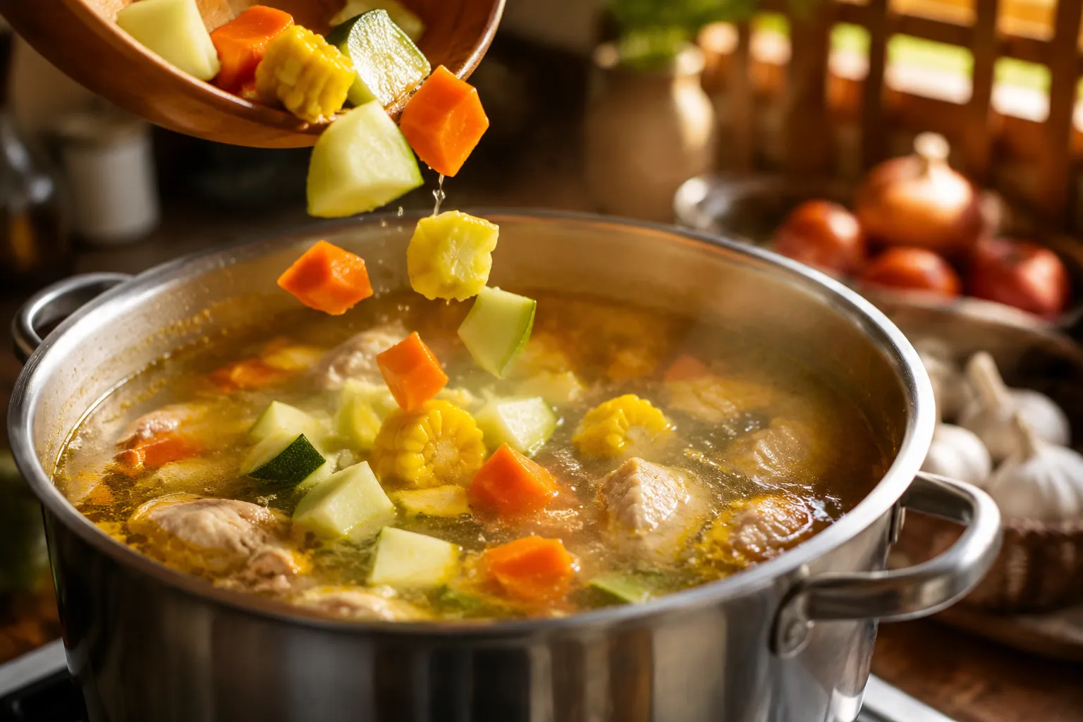 Adding fresh vegetables to caldo de pollo Mexican chicken soup