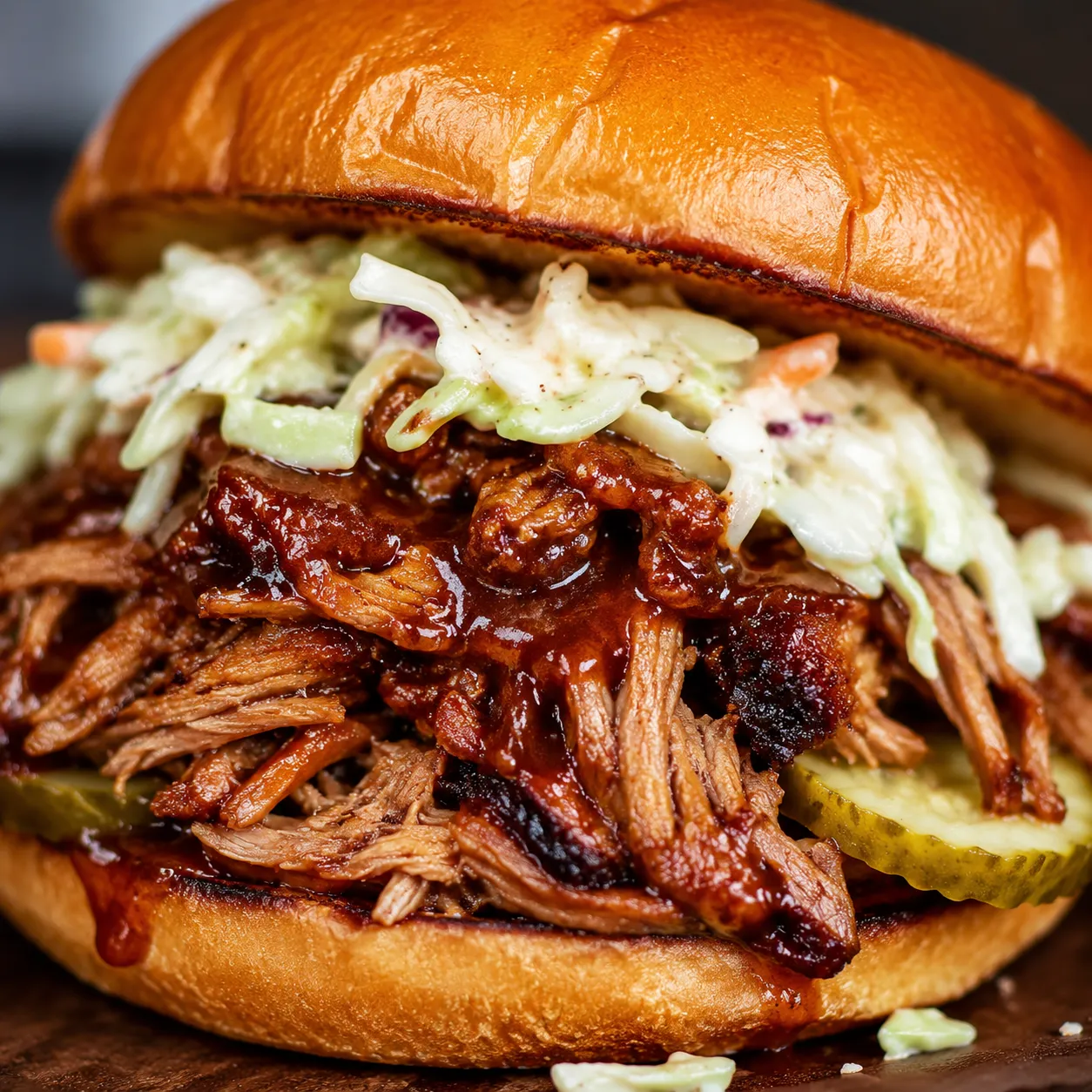 Pulled pork sandwich made with smoked pork shoulder and coleslaw