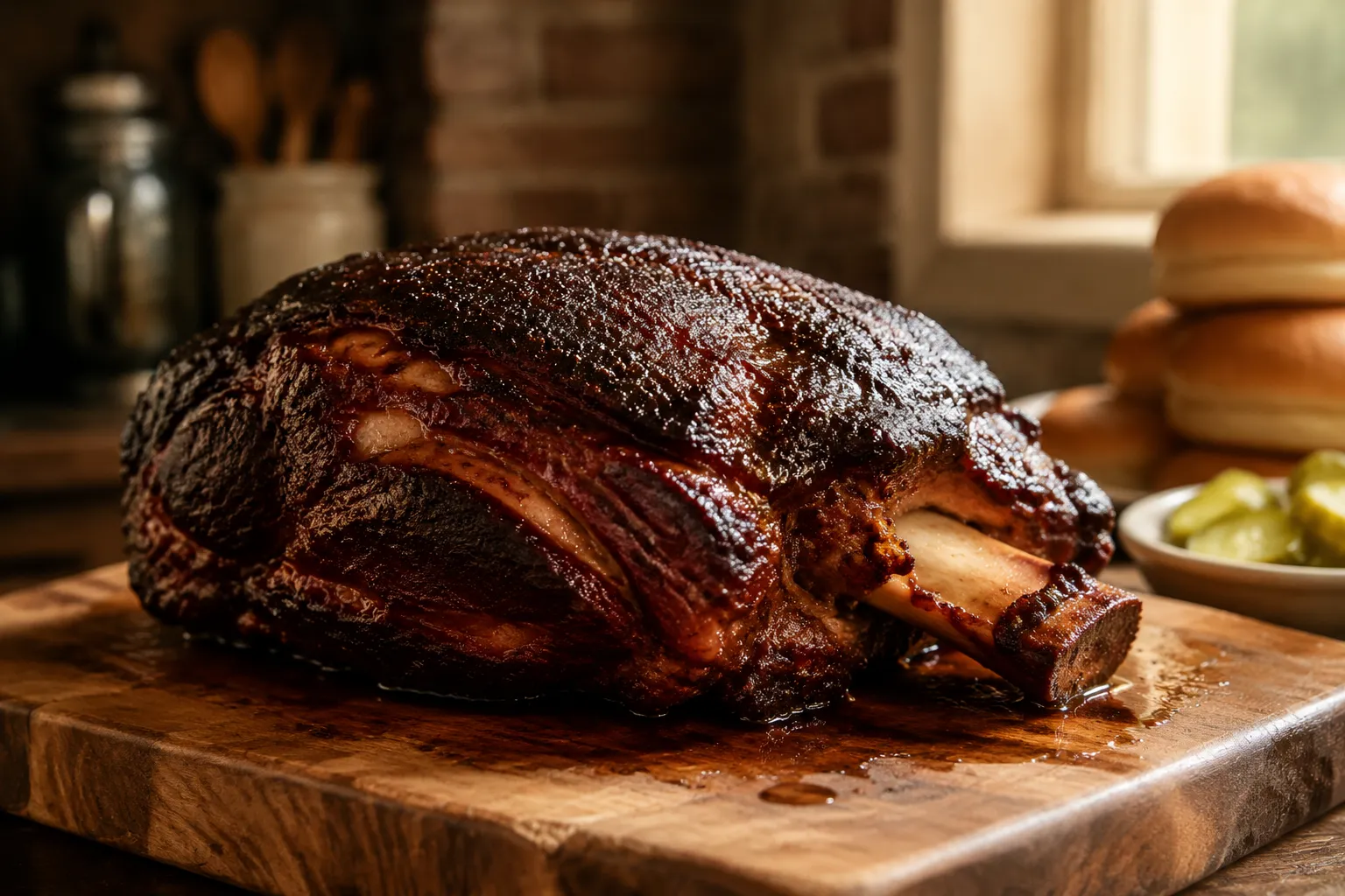 Whole rested smoked pork shoulder with crispy bark and bone pulling free