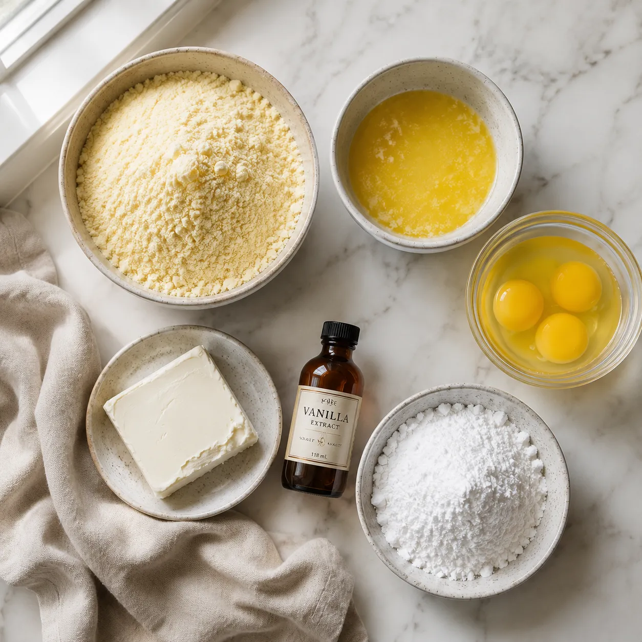 Ingredients for ooey gooey butter cake recipe laid out on marble
