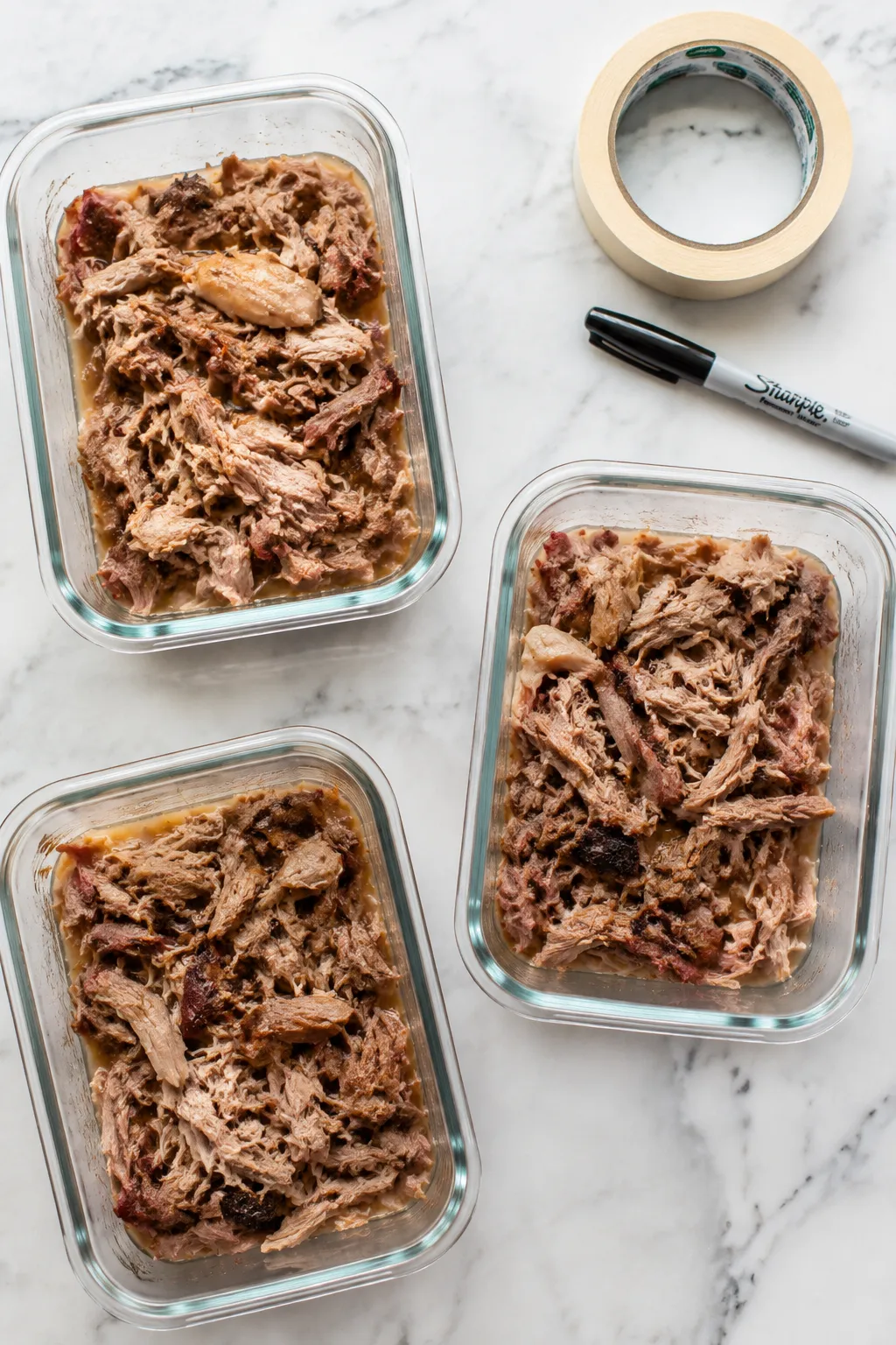 Storing leftover smoked pulled pork in glass meal prep containers