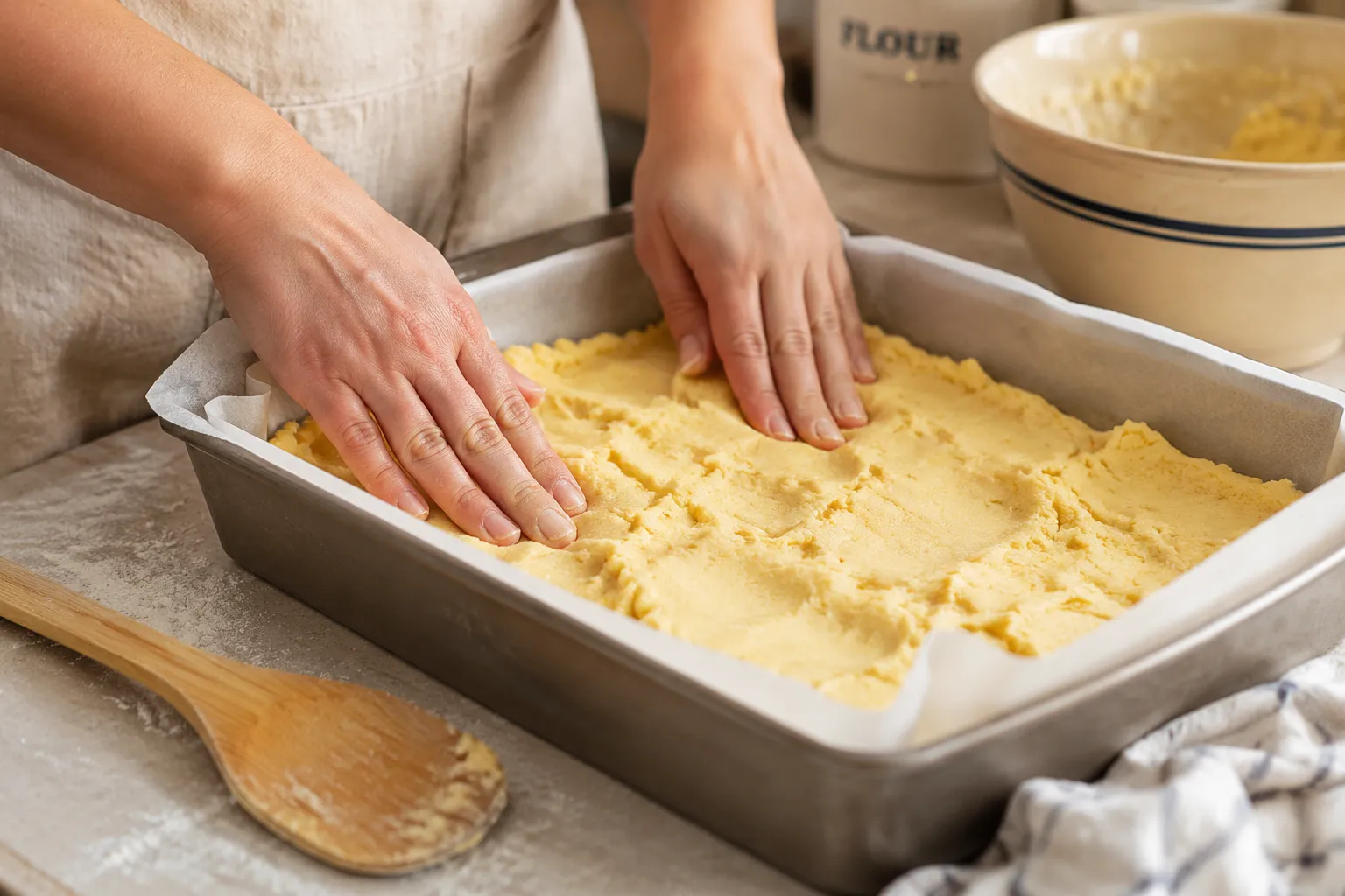 Pressing the buttery base into a 9x13 pan for gooey butter cake recipe