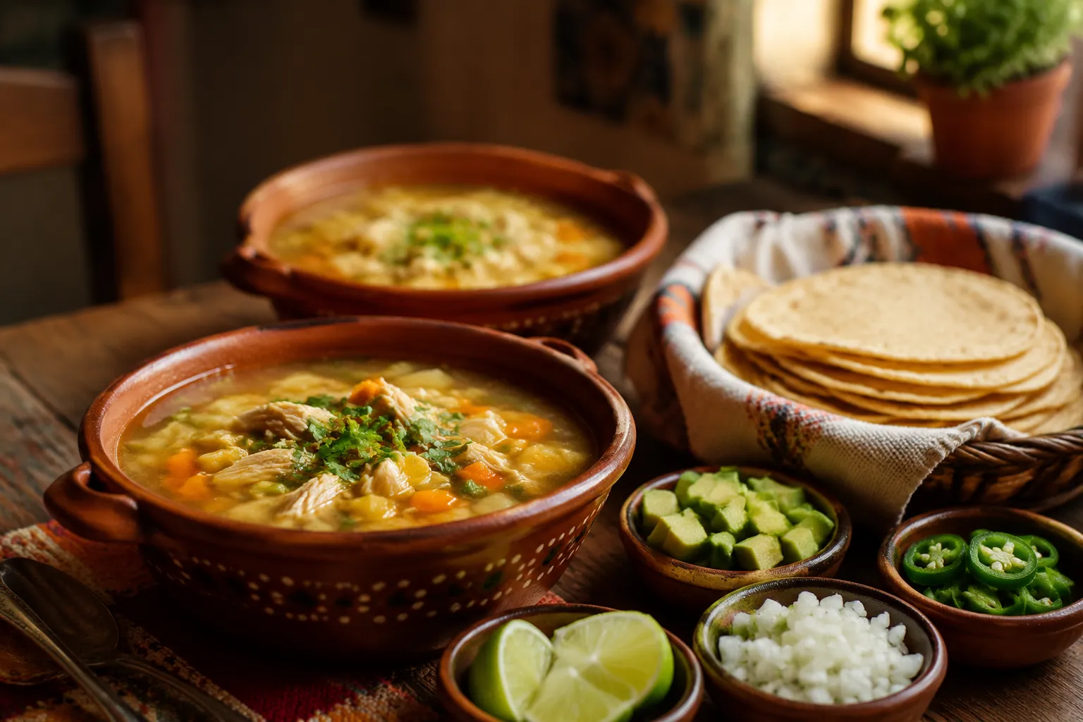 Caldo de pollo served with tortillas, lime, and avocado garnishes