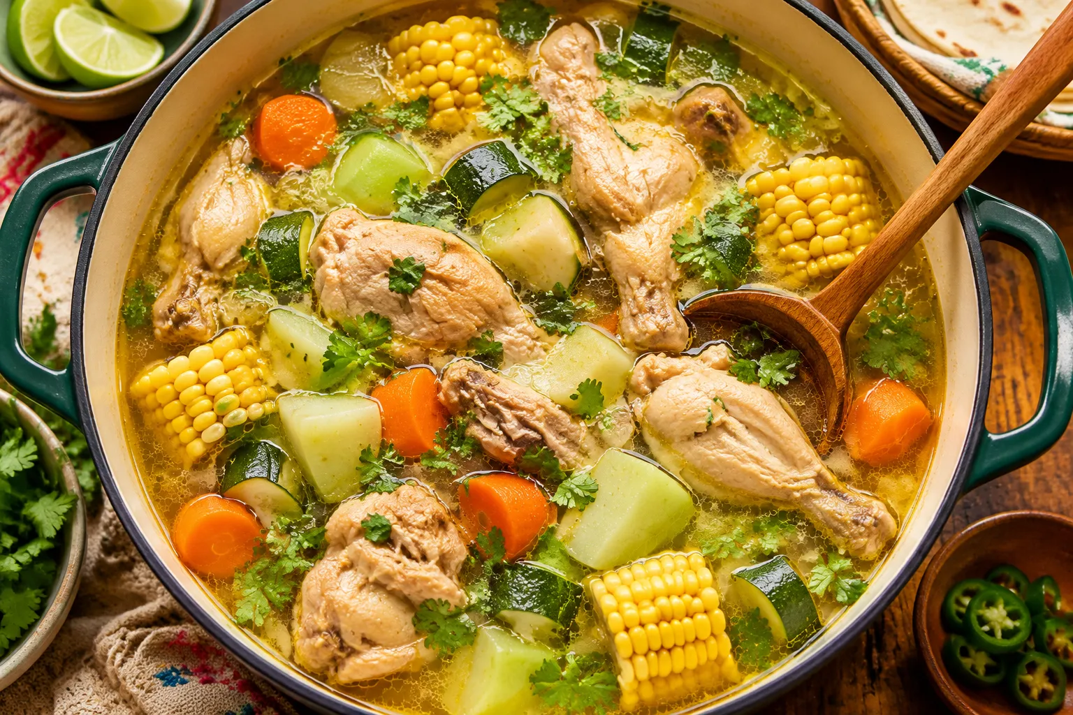 Finished pot of caldo de pollo Mexican chicken soup with vegetables