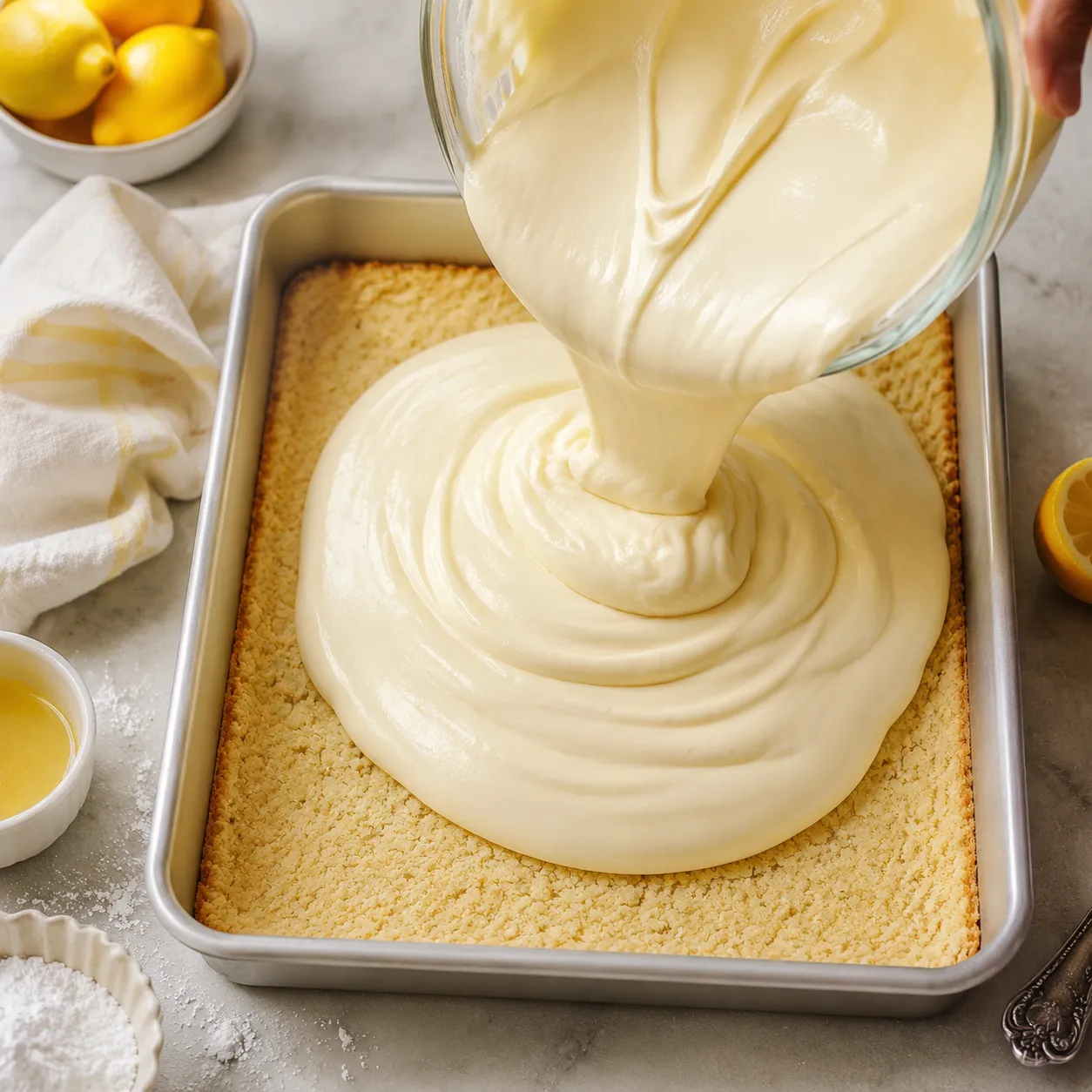 Pouring gooey topping over cake base for ooey gooey butter cake