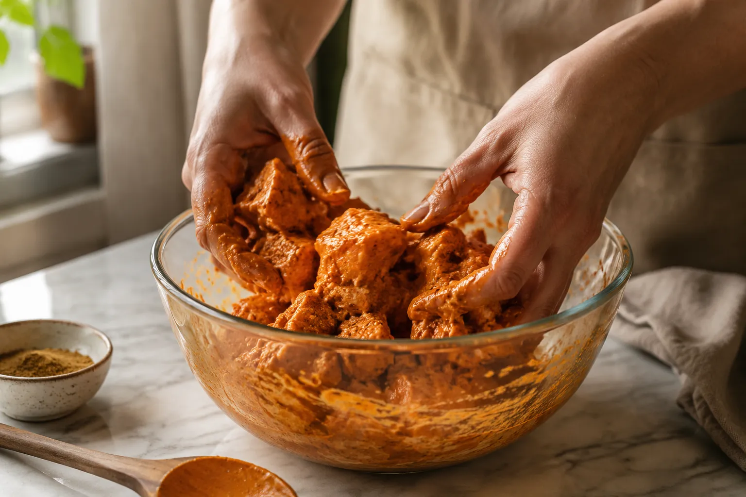 Marinating chicken in yogurt and spices for chicken masala recipe