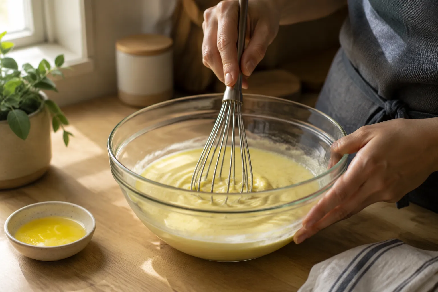 Whisking the custard base for corn pudding in a glass bowl.