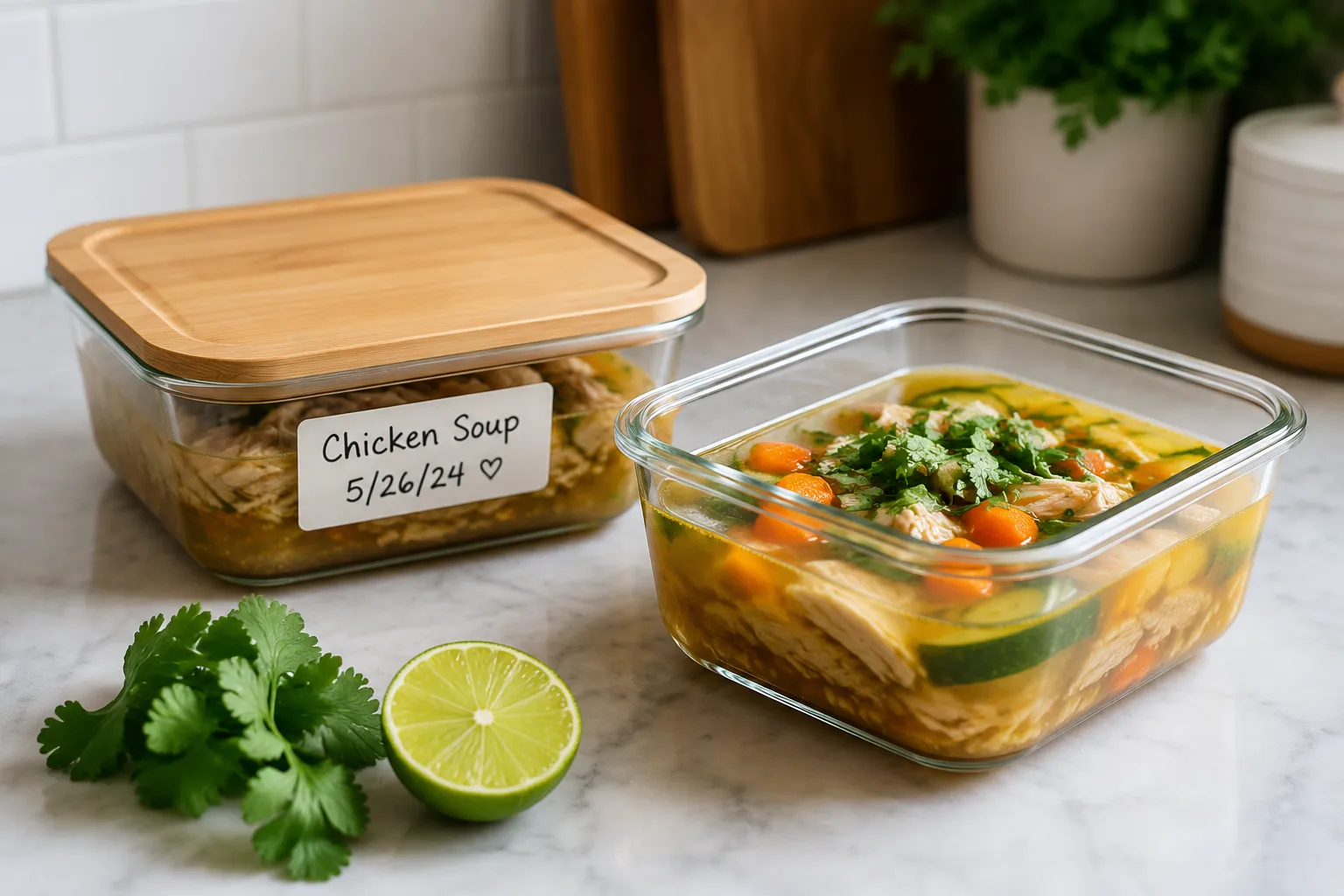 Storing leftover caldo de pollo soup in glass containers