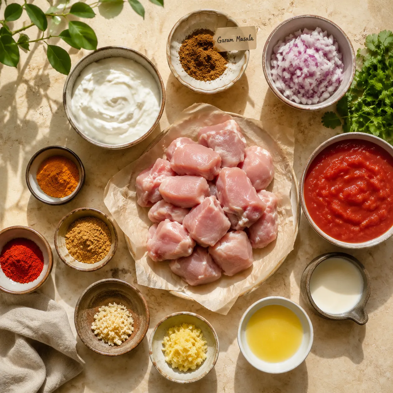 Ingredients for authentic chicken masala dish laid out flat-lay style
