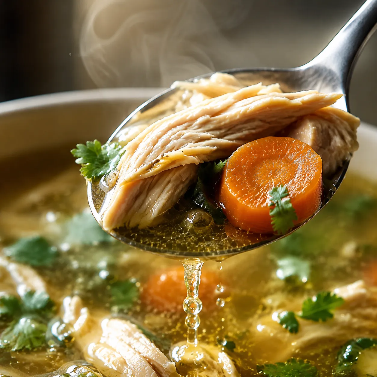 Close-up spoonful of caldo de pollo broth and tender chicken