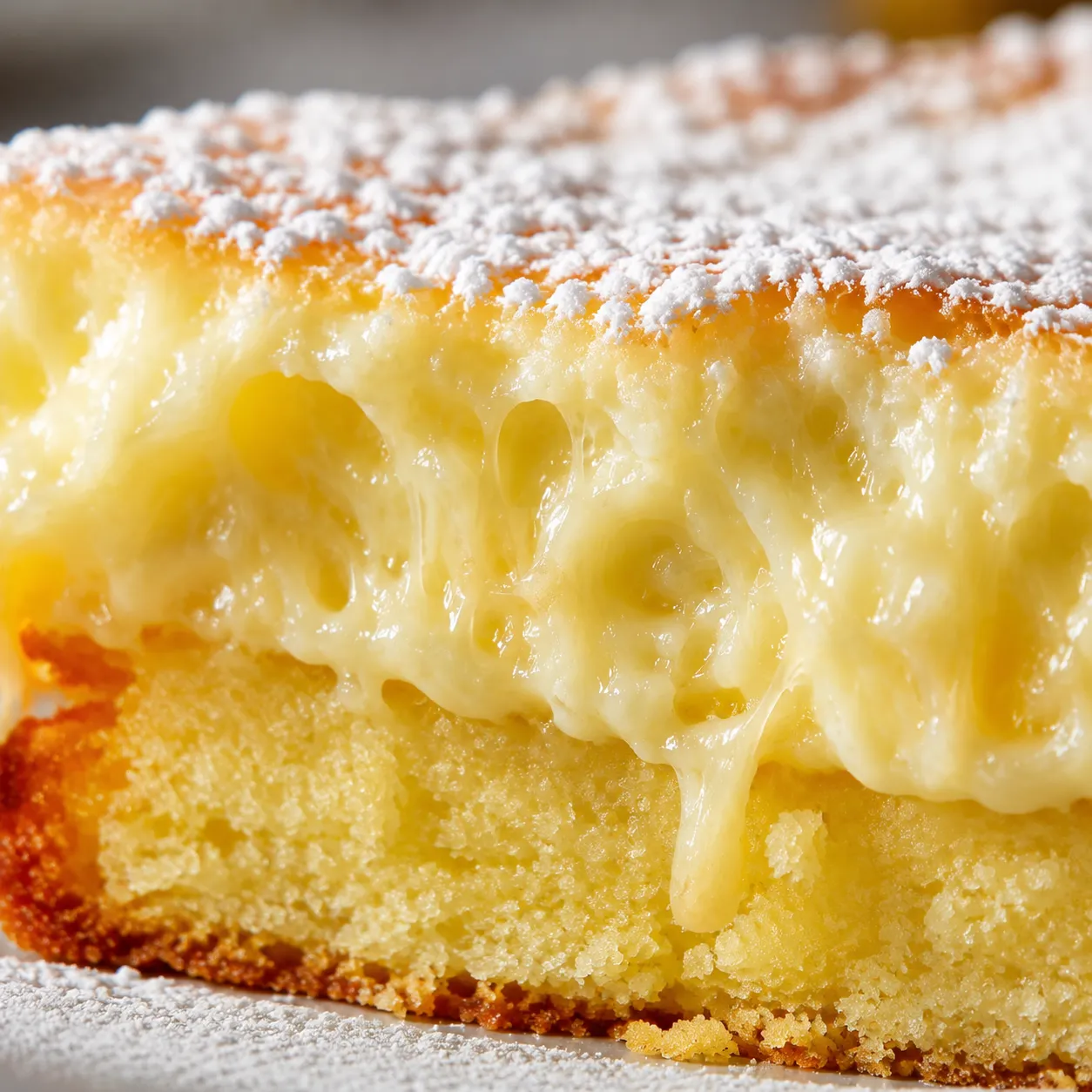 Macro close-up of the gooey center of ooey gooey butter cake