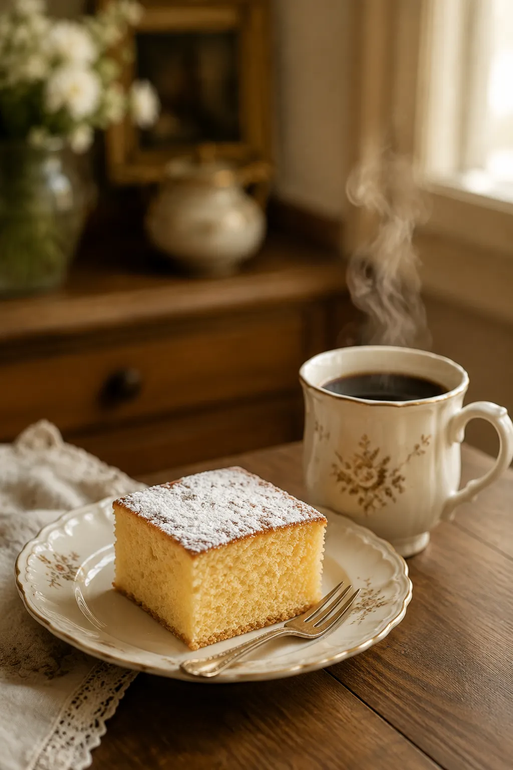 Slice of ooey gooey cake recipe served with coffee