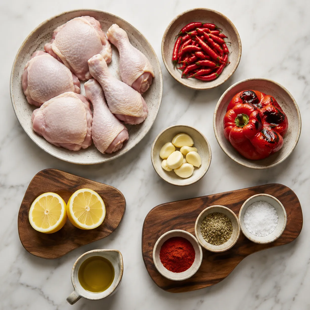 Ingredients for peri peri chicken recipe including bird's eye chilies, garlic, lemon, and paprika