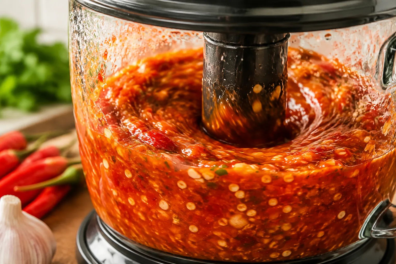 Homemade peri peri sauce blending in a food processor with chilies and garlic