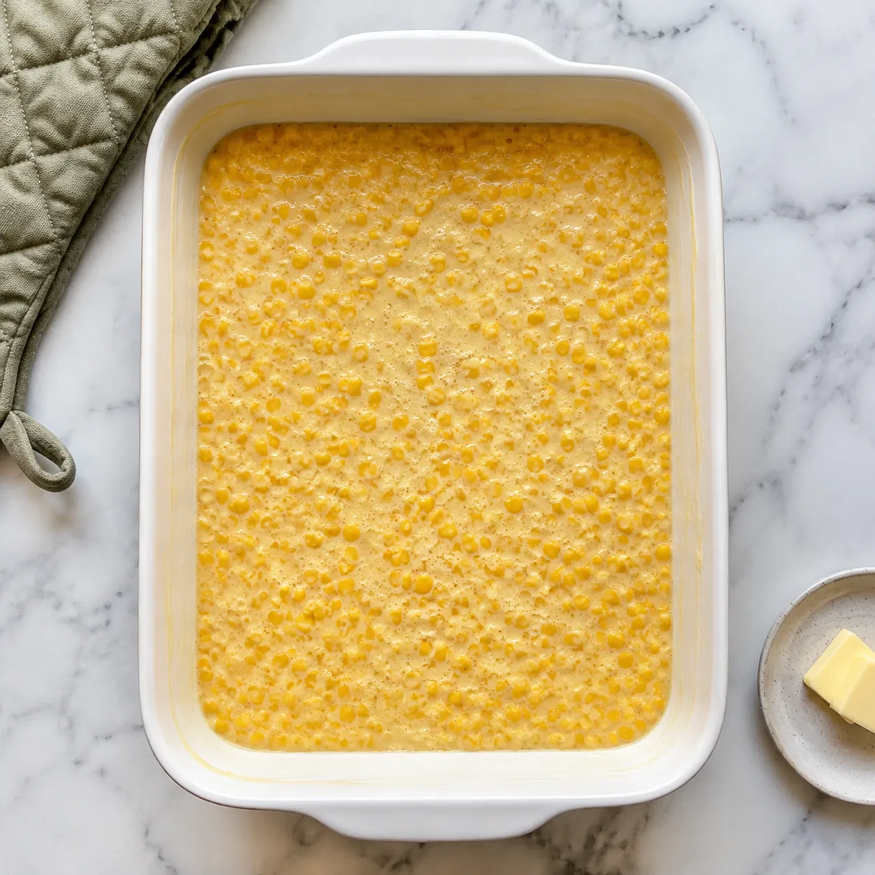 Corn pudding batter in a white casserole dish ready to bake.