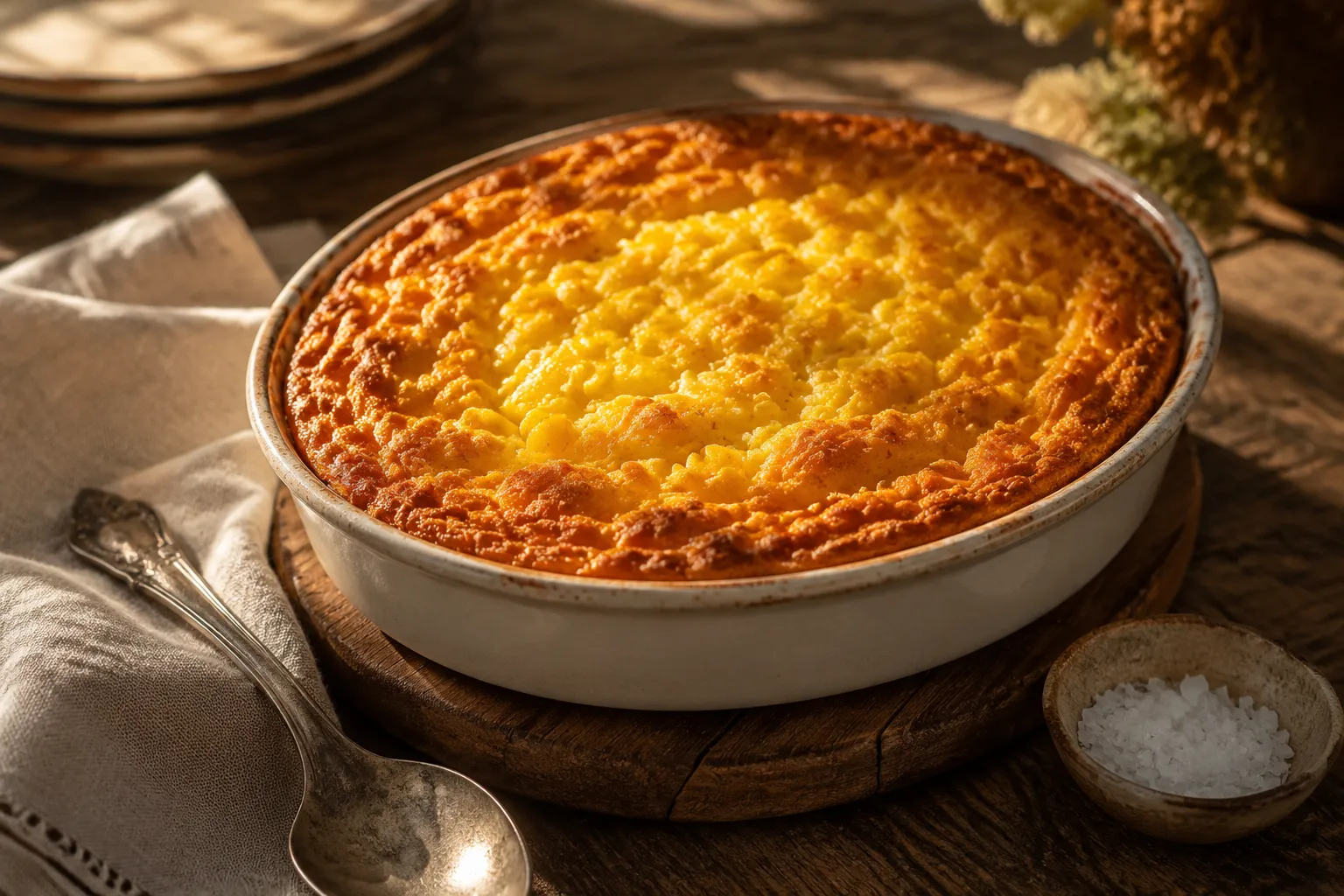 Baked corn pudding with a golden top fresh from the oven.