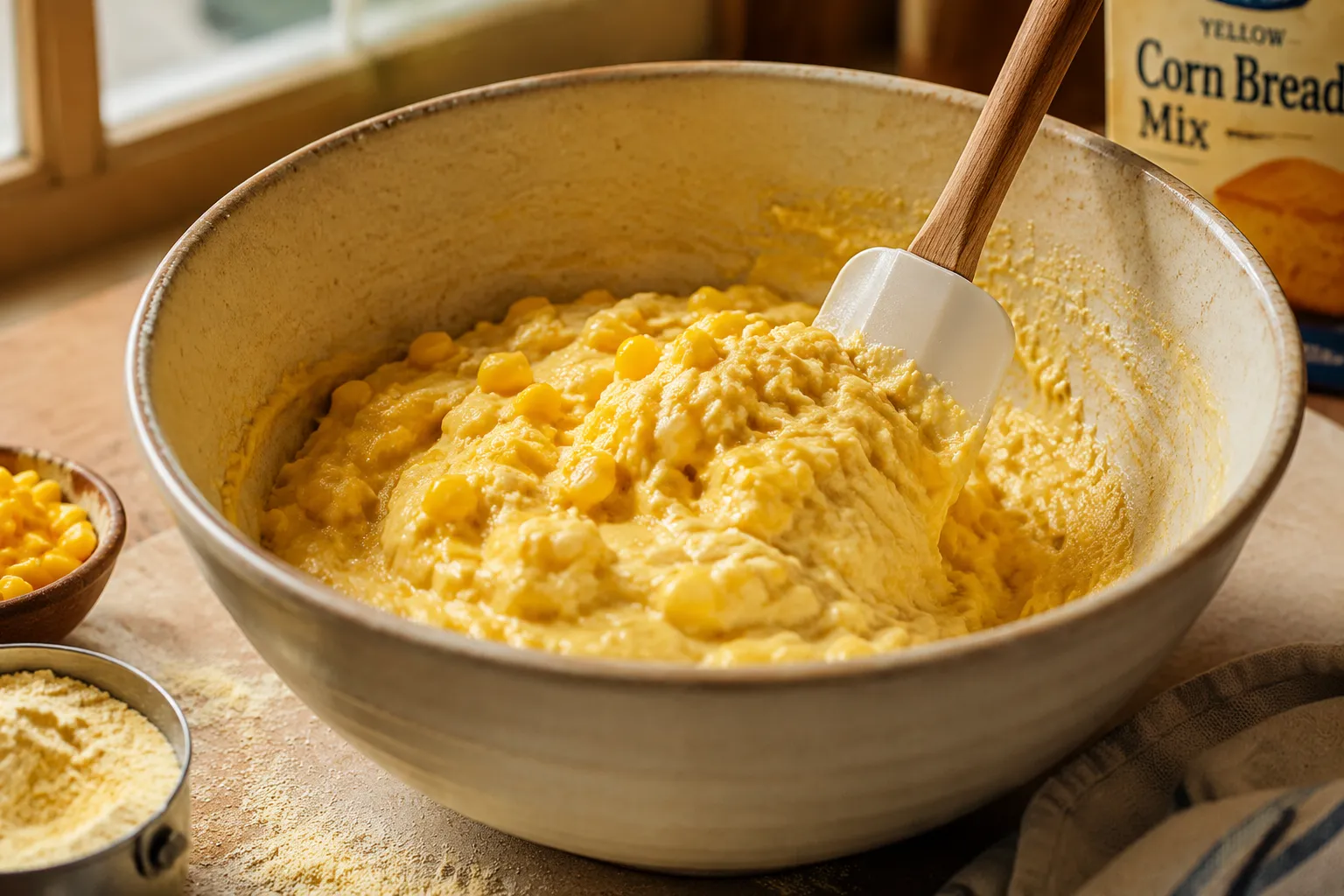 Folding sweet corn into corn pudding batter before baking.