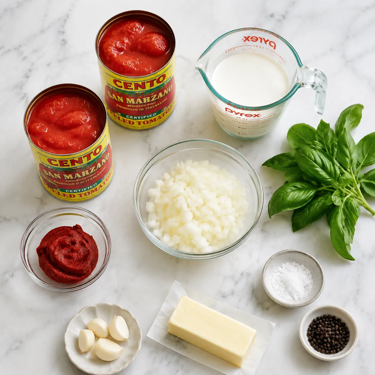 Tomato bisque ingredients flatlay with San Marzano tomatoes, cream, basil, and butter.