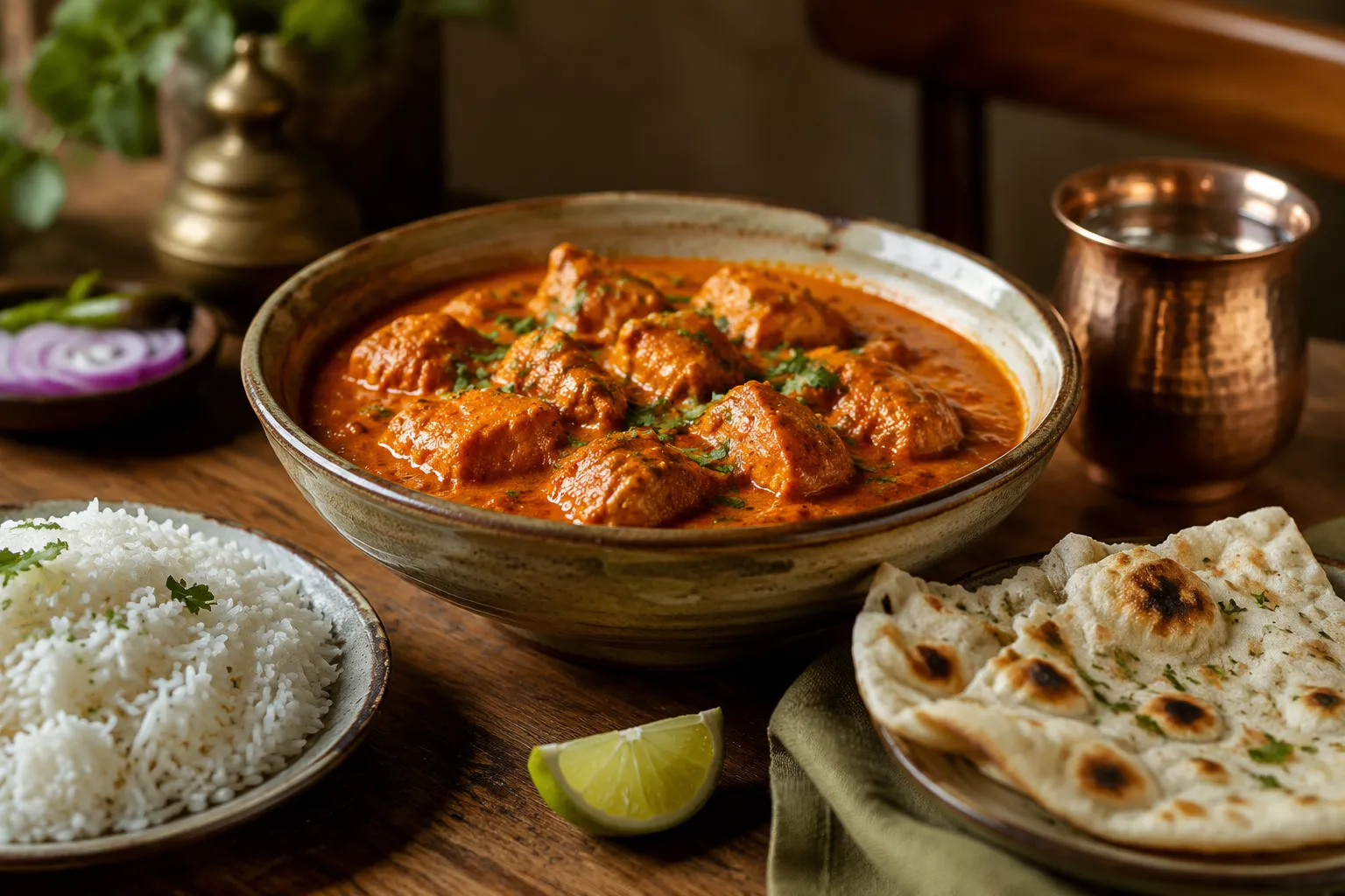 Plated chicken masala dish served with basmati rice and naan