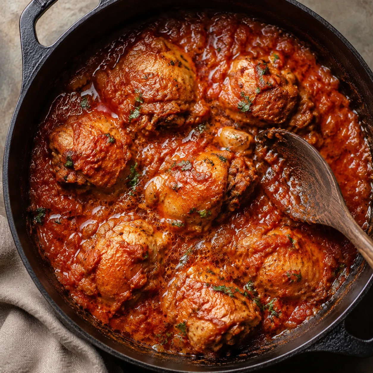 Chicken simmering in spiced tomato gravy for recipe of chicken masala